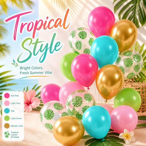 Image of Tropical Balloons, 50Pcs 12 Inch Pink Green Teal Gold Printed Latex