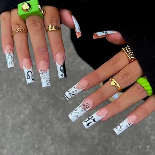 DOUBNINE Press On Nails Super Long Coffin Black White Eight
