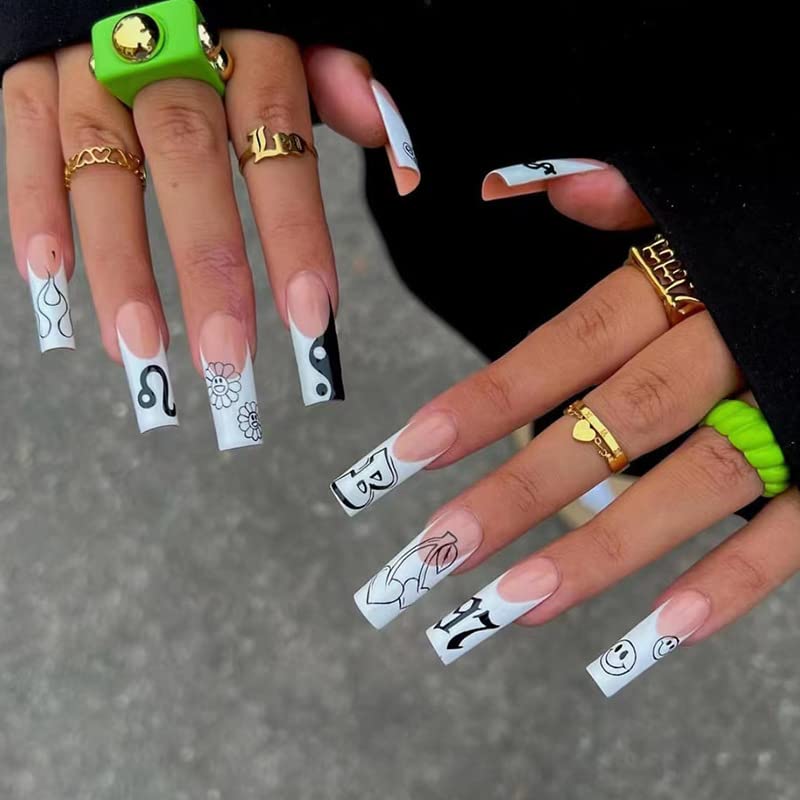 DOUBNINE Press On Nails Super Long Coffin Black White Eight Diagrams Funny Comic Cherry Design French Glossy Ballerina Full Cover Fake Nails Acrylic Stick On Nail for Women