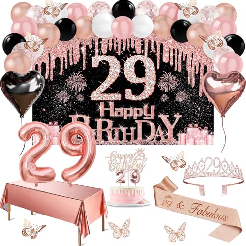 29th Birthday Decorations for Women 49pcs Black Rose Gold Black Happy 29th Birthday Banner Tablecloth Butterfly Decor Sash and Tiara Cake Topper Candles Balloons Arch