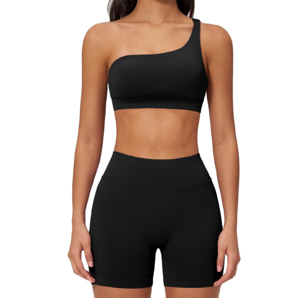 JPXJGT Women's Seamless Yoga Set Quick Dry High Waisted Biker Shorts & Sports Bra(Size:M,Color:Black)