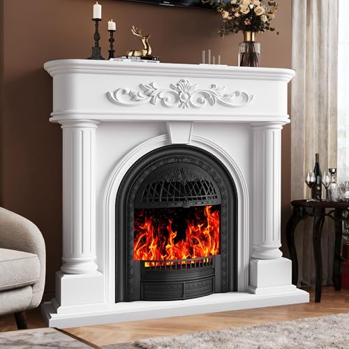 Image of Electric Fireplace with Mantel, 51 inchSolid Wood White TV Stand with Fireplace for Living Room,Black Birdcage Fire Place Heater with Roman Column Design for Bedroom