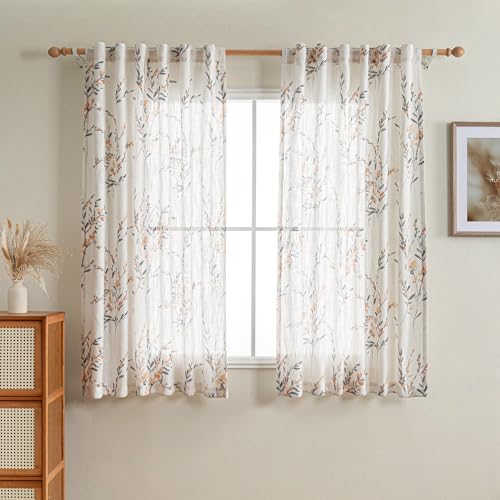 Image of MYSKY HOME Floral Sheer Curtains 63 Inch Long Linen Blended 2 Panels Yellow