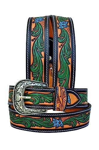 Western Genuine Leather Floral Tooled Casual Jeans Belt With Removeable Buckle 30AB108