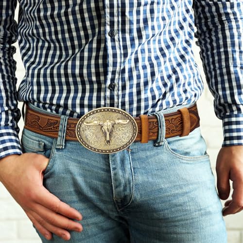 BISON DENIM Mens Western Cowboy Belt - Longhorn Cow Pattern Buckle with Printed Engraved Buckle Strap Adjustable2
