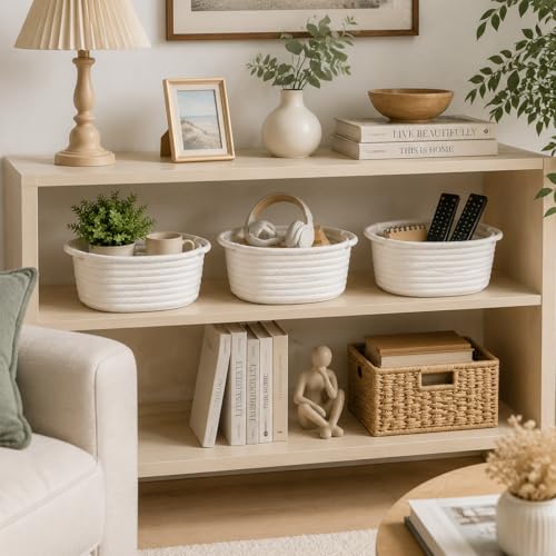Image of Small Woven Basket with Handle, Small Cute White Storage Baskets for Organizing, Tiny Decorative Round Cotton Rope Woven Closet Storage Bin, Baby Boho Empty Gift Basket for Nursery