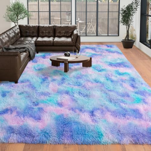 Image of Dssimo Cute Furry Purple Rainbow Rugs for Bedroom Girls Room Decor