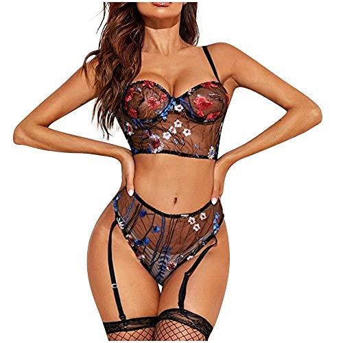 Lingerie 3 pièces ensemble soutien-gorge string jarretière noir
