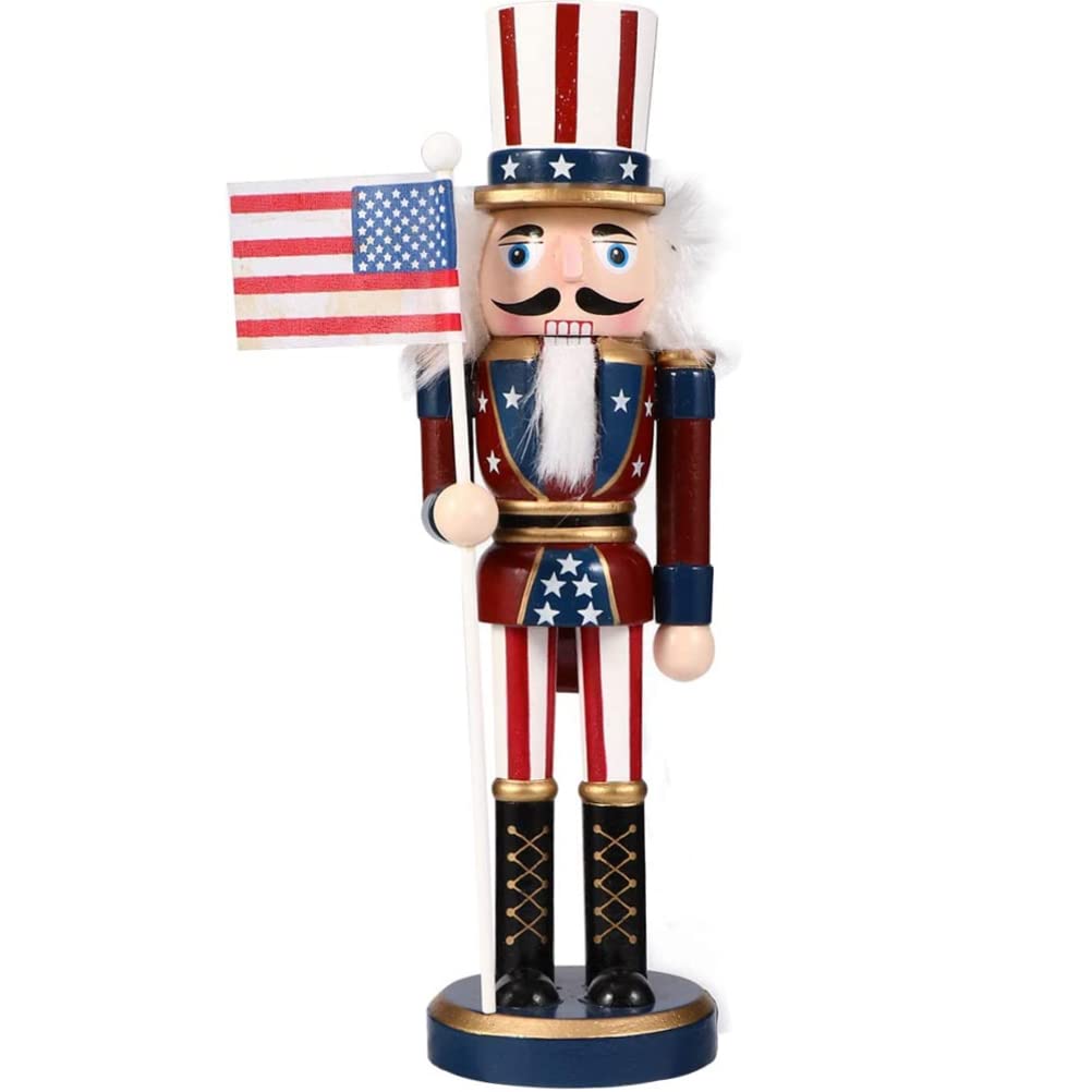 KLEOAD Christmas Nutcrackers Figurine Uncle Sam Nutcracker with Flag, 25cm Wooden American Nutcracker for Christmas Decoration, Wooden Craft Ornaments Table Desktop Collectible Decor