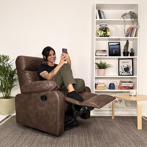 JORDYBLUE Single Seater Manual Rocking Revolving Recliner Sofa | Solid Wood | 1 Year Warranty | Recliner for Living Room Bedroom & Home Office (Wayde, Suede Fabric) (Brown)
