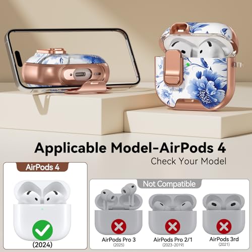 Image of for AirPod 4 Case, with Safty Lock & Phone Stand for Floral AirPod 4 Generation Case Cover for Women Girly, iPod 4 Cases with Keychain & Cleaner Kit -Blue +White Porcelain