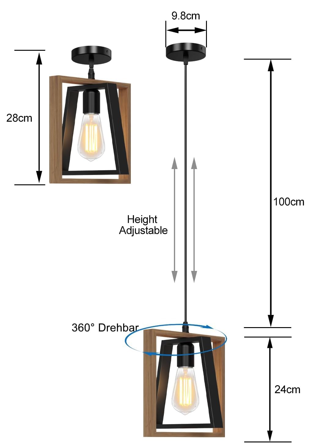 Lámpara Colgante, Lampara Colgante Isla Cocina Negra de Granja, Madera & Metal, Altura Ajustable, E27 Iluminación de Techo Colgant para Comedor Dormitorio Pasillo Entrada, 24cm
