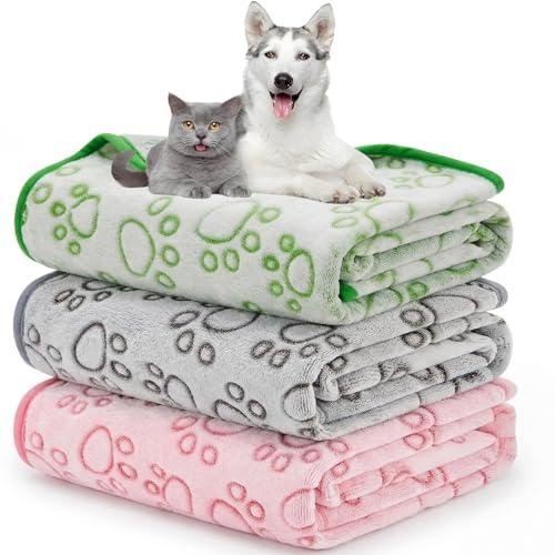 DFZR Dog Blanket 3 Pack Small (60 x 40 cm) Soft Fluffy Fleece Pet Blankets for Dogs & Cats Paw Print Flannel Throws Washable Warm Mixed Colours (Green Pink & Grey)