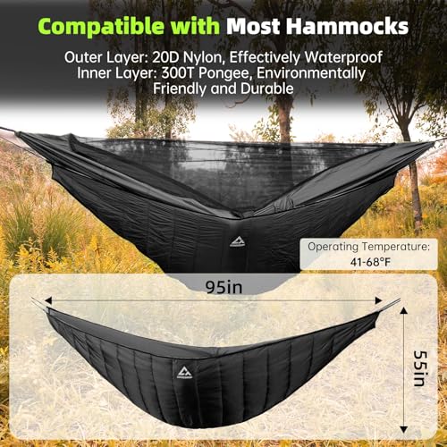 Image of Hammock Underquilt for Camping - Full Length Black Lightweight Warm Quilt for 3-4 Seasons (41-68F) - Soft & Durable for Hiking, Backpacking, Beach, Travel - Holds Up to 500lbs