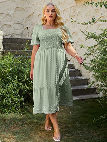 Glamaker Women's Plus Size Summer Casual Short Sleeve Smocked Square Neck A Line Flowy Midi Dress Long Dress4
