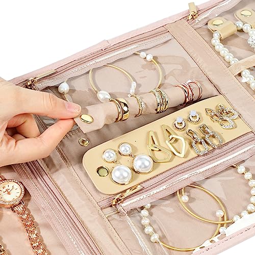 NISHEL Pink Travel Jewelry Organizer Roll - Foldable Case for Necklaces, Earrings, Rings, Bracelets, and Watch