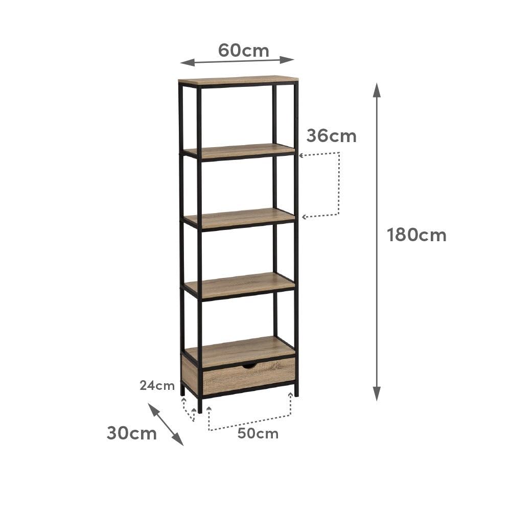 LOLAhome - Estantería Industrial de Metal Negro y Madera con 1 cajón y 4 estantes de 60x180x30 cm Libros o Figuras en el salón combina Resistencia y un diseño Moderno Atrevido