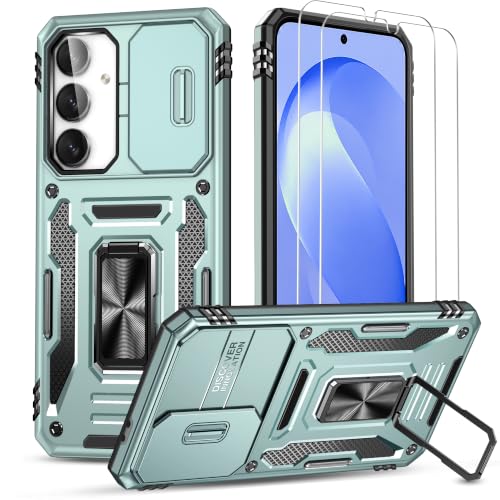 Ezanmull for Samsung Galaxy S26 FE Case with Slide Camera Cover + Screen Protector(2 Packs), Rotated Ring Kickstand Military Grade Shockproof Protective Cover, Green