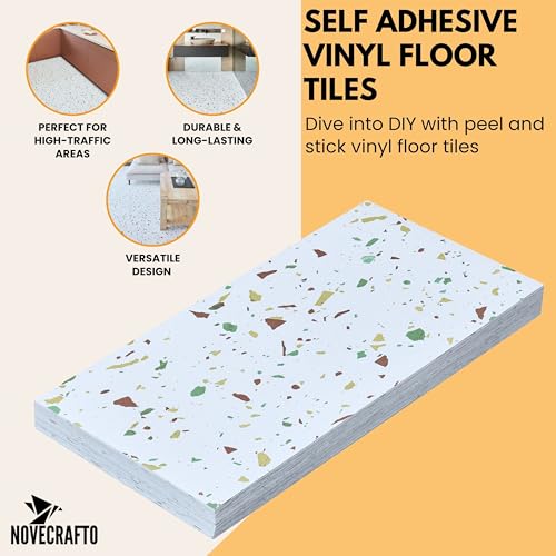 Vinyl Floor Tiles Self Adhesive 10-Pack - Covers 19.91 sqft (1.85 sqm) - Large Rectangular Stick On Flooring Tile 12x24 in (30.4 x 60.9cm) - White Terrazzo Look with Flecks Peel and Stick Floor Tiles