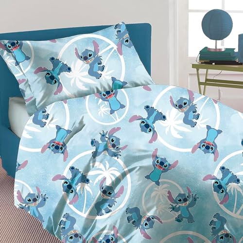 Disney Stich BLU - Juego de sábanas para Cama Individual de Franela de algodón Puro, sábana encimera + Bajera con Esquinas + Funda de Almohada
