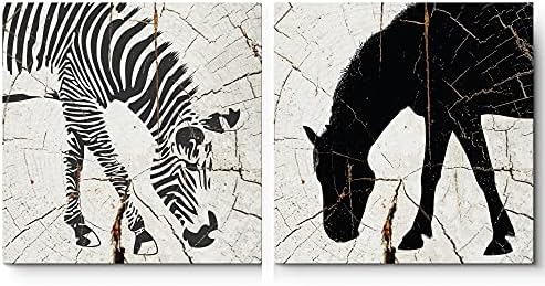 wall26 Canvas Print Wall Art Set Zebra & Horse Silhouettes on Wood Grain Animals Wildlife Illustrations Minimalism Chic Relax/Calm Dark Duotone for Living Room, Bedroom, Office - 24"x24"x2