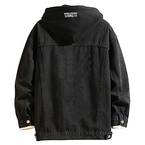 Image of Men's Denim Jacket Distressed Hooded Jean Jackets Baggy Ripped Trucker Coat | Loose Vintage Long Sleeve Denim Hoodie Cotton Button Down Jean Outerwear With Pockets Black Blue Hip Hop Streetwear Casual