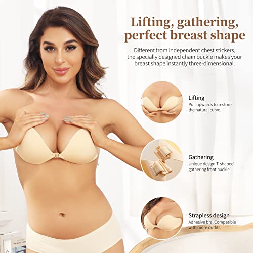 Adhesive Bra Sticky Bra Push Up 2 Pairs, Invisible Lift Up Bras With 2 Pairs Nipple Breast Covers Strapless Backless Bra For Women Wedding Dresses For D Cup #TOP5