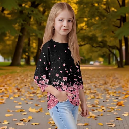 3/4 Sleeve Girls Shirts Cute Fall Crew Neck Cute Tops Trendy Floral Print 3/4 Length Sleeve Dressy Casual Blouses 20254