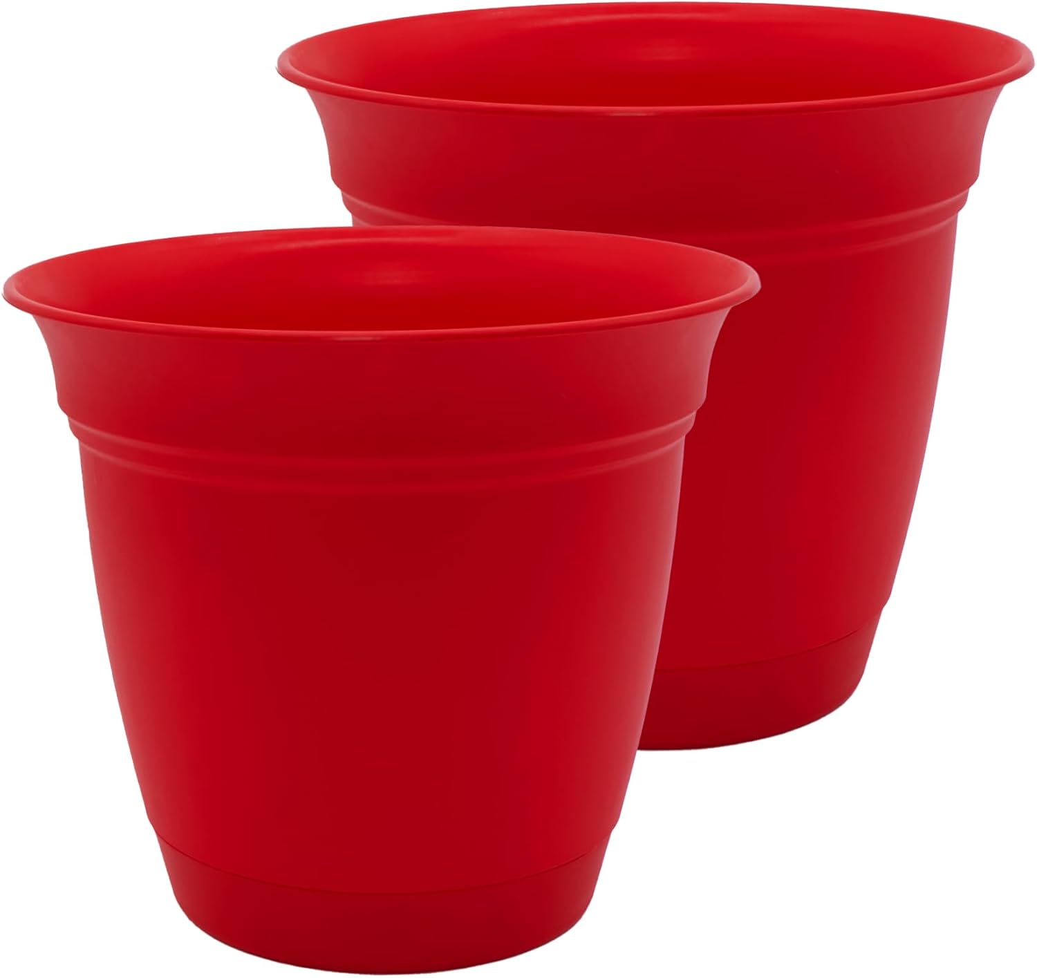 The HC Companies 12 Inch Eclipse Round Planter Pots with Drainage Holes & Attached Saucer, Lightweight UV-Resistant Plastic Indoor & Outdoor Planters, 2-Pack Flower Pots for Garden & Home Decor, Red