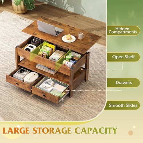Image of WLIVE Lift Top Coffee Table with 2 Drawers, Large Storage, Brown | Mid Century Modern Wooden Coffee Table, for Dining /Living Rooms /Offices; 39.4 inchW x 19.5 inchD x 19.1 inchH