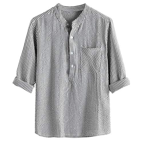 Hombre Camisas de Algodón y Lino de Manga Largas Camisetas de Rayas Retro Casual Slim fit Camisa de Botones Cuello Mao Suelta Transpirable Blusa de Bolsillo Tallas Grandes Top de Trabajo Gusspower