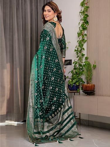 Image of ALMAARI FASHION Green Fendi Satin Foil Print Floral Saree with Tassels, Traditional Butti Motifs, 5.5m with 0.8m Blouse Piece