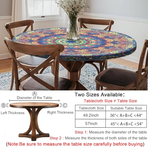 Round Tablecloth Waterproof Fitted Boho Table Cloth Summer Fall Outdoor Circle Cover for 48 Inch 45-54" Table Dining Kitchen Apartment Essentials Picnic Camping Party Decor Housewarming Gift