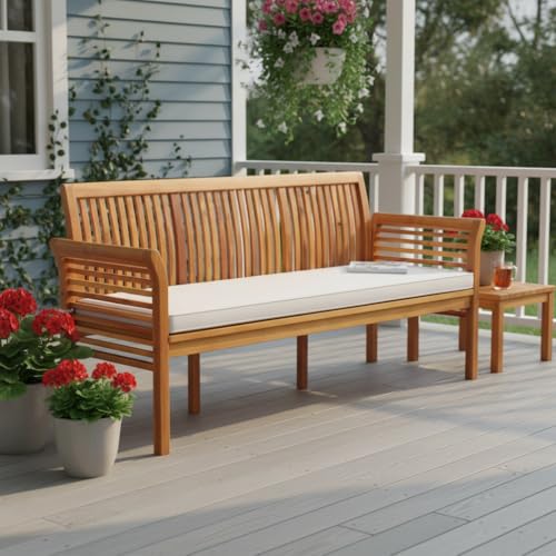 Condition photo showing New/Like New for tangkula 3-seat patio acacia wood bench with cushion, 62.5'' extra long outdoor chair with dense slatted backrest & armrests, 1200 lbs weight capacity, outside bench for yard, balcony, porch & garden