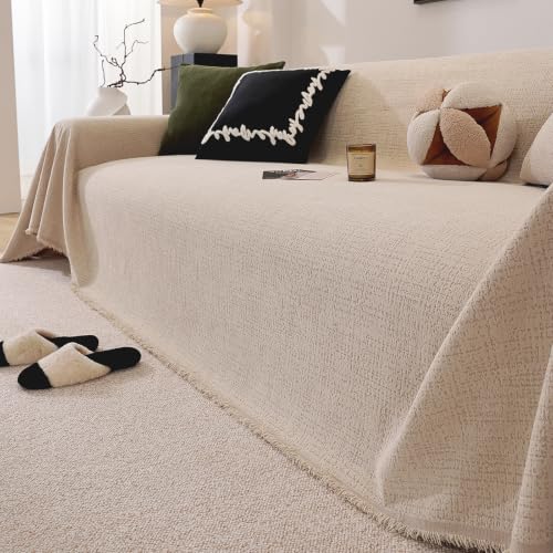 VanderHOME Funda Sofa, Manta de Sofá Reversible de Chenilla Estilo Retro Color Liso con Flecos, Protector Antirrayaduras Lavable a Máquina para Sofá 1/2/3 Plazas y Sofa en L 180 * 130cm-Caqui
