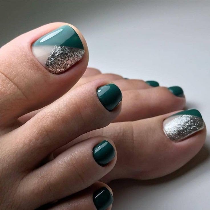 FWS Premium Designer Artificial Toe Nails Art Set, Reusable Stick On Nails Glossy Green Sliver Glitter (Set Of 24) With Nail Glue, Nail file, cuticle pusher, cleaning wipe-image-37