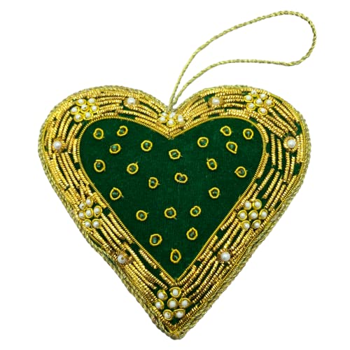 Zari - Adorno navideño de corazón verde, bordado Zardozi, bolsa de regalo, fabricado en la India
