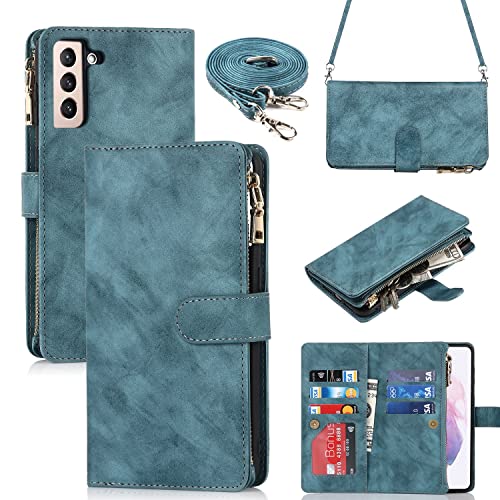 iCoverCase for Samsung Galaxy S21 Wallet Case with Card Holder, Kickstand Feature PU Leather Case with Adjustable Crossbody Lanyard Magnetic Clasp Zipper Pocket Flip Cover (Blue)
