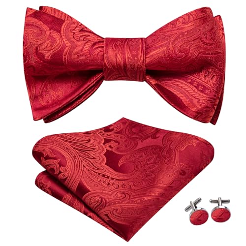 Image of Hi-Tie 5Pcs Mens Solid Color Silk Tie Satin Pretied Bowtie Lapel Pin for Men Handkerchief Cufflink Wedding Gift Box
