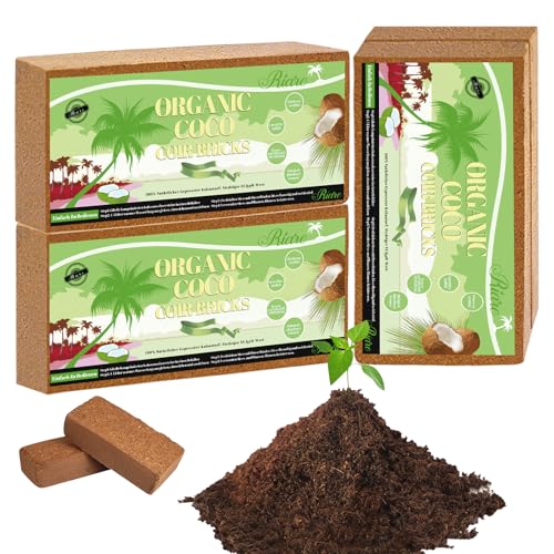 Riare Organisch Kokosfaser Natürlich Kokos Ziegel Gepresst Torffreie Erde für Zimmerpflanzen Balkonkästen Gartenbeete Orchideen Pflanzenerde (4 Pack)