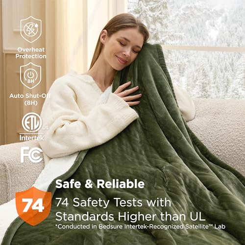 Image of Bedsure Heated Blanket Throw Blanket - Fast Heating Electric Blanket, Soft Flannel Throw with 6 Time Settings(Up to 10H), 6 Heating Settings, Gifts for Grandma Grandpa Seniors (50 inchx60 inch, Olive Green)