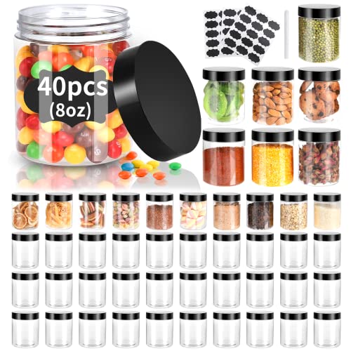 40 Pack Plastic Jars with Lids Gencywe 8 oz Clear Slime Cosmetics Containers with Pen and Labels Leakproof Storage Jars PET Empty Jars with Black Lids for Kitchen Cookie Candy Spices Dry Food Cream