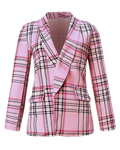 GUOCU Otoño Invierno Mujer Chaqueta Cuadros Clásico Ajustado Manga Larga Chaqueta De Punto Elegante Acogedor Blazer Sin Deducción Estilo Vintage Casual Oficina Negocios Outwear,Rosado,M