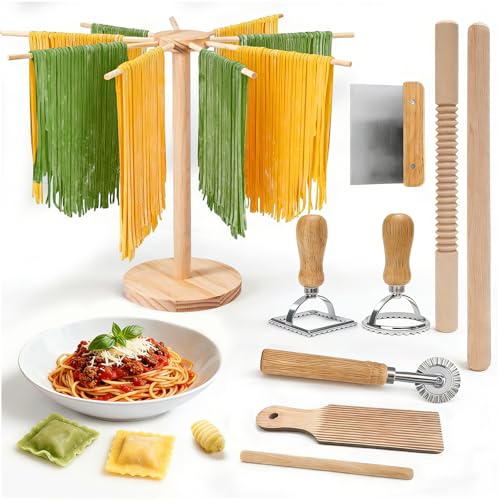 Pasta Making Tools 9 Pcs with Pasta Drying Rack Threaded Rolling Pin 2 Rolling Pins Gnocchi Board Dough Cutter Wheel Cutter 2 Ravioli Stamps Pasta Making Kit Accessories for Home