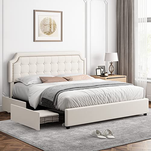 Keyluv Upholstered Queen Bed Frame With 4 Storage Drawers, Velvet Platform Bed With Curved Button Tufted Headboard With Nailhead Trim, Solid Wooden Slats Support, No Box Spring Needed, Beige #TOP3