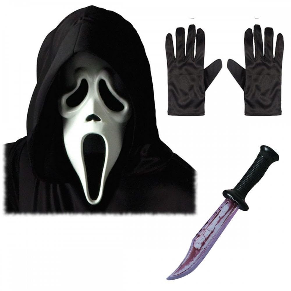 Titch & Timbo Official Scream/Ghost Face® Mask with Hood + Black Gloves + Official Scream/Ghost Face® Bloody Blade : Halloween Horror Fancy Dress Costume Accessory Set