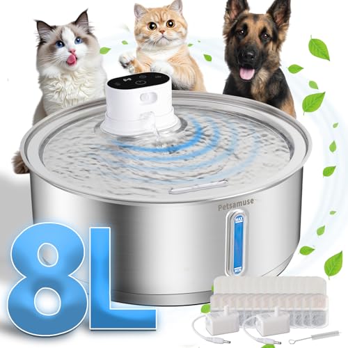 Petsamuse Wireless Stainless Steel Dog Water Fountain, 2.1Gal/8L Battery Operated Large Dog Water Bowl Dispenser Motion Sensor Water Fountain Dog Bowl Inside with 13 Filters and 2 Ultra Quiet Pumps