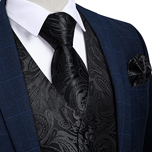 DiBanGu Mens Paisley Vest Tie Set with Lapel Pin Tie Clip 7PCS Silk V-Neck Suit Waistcoat and Necktie for Tuxedo Wedding, Black, Small2