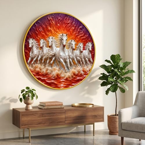 Image of SAF 7 Horse Vastu Round Wall Painting with Premium PVC Golden Frame, White Running Horses Fire Ocean Art for Living Room Office Home Decor Gift (23 x 23 Inch) GR-440