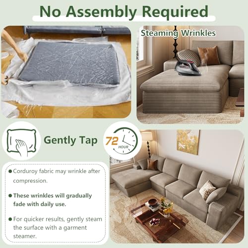 Image of 136 inch Cloud Couch Modular Sectional Sofa for Living Room, L-Shape Boneless Couch with Deep Seat, Modern Corduroy 4-Seater, No Assembly Required (Camel,Left-Facing Chaise)